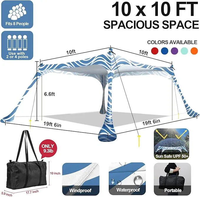 Buheco Beach Tent Pop Up Shade 10x10ft Beach Canopy Sun Shelter UPF50  with 4 Foldable Poles-Portable Carrying Bag-Sand Shovel-Ground Pegs-Windproof Ropes for Outdoor Family Camping-Fishing- Picnic