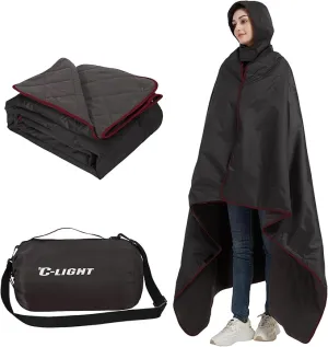 C-LIGHT Outdoor Hoodie Blanket - Stadium Blankets Waterproof Windproof 79’‘x59’‘ - Emergency Blanket for Rain&Cold Weather - Perfect for Picnic, Camping, Outdoor Sports Event, Stadium, Beach (Black)