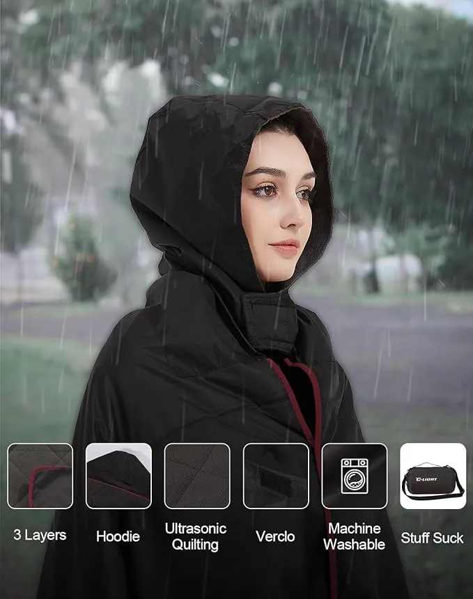 C-LIGHT Outdoor Hoodie Blanket - Stadium Blankets Waterproof Windproof 79’‘x59’‘ - Emergency Blanket for Rain&Cold Weather - Perfect for Picnic, Camping, Outdoor Sports Event, Stadium, Beach (Black)