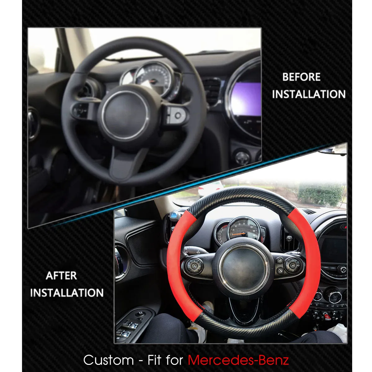 Car Steering Wheel Cover, Custom-Fit For Cars, Leather Nonslip 3D Carbon Fiber Texture Sport Style Wheel Cover for Women, Interior Modification for All Car Accessories WAMB225
