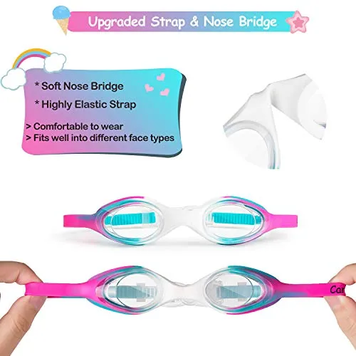 Careula Kids Swim Goggles, Swimming Goggles for Boys Girls Kids Age 3-12 Child Toddler Swim Goggles Wide Clear Vision Easy to Adjust No Leak Anti-Fog UV Protection Soft Silicone Kids Goggles