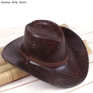 Chapéu de cowboy cavaleiro ocidental, feminino, masculino, couro