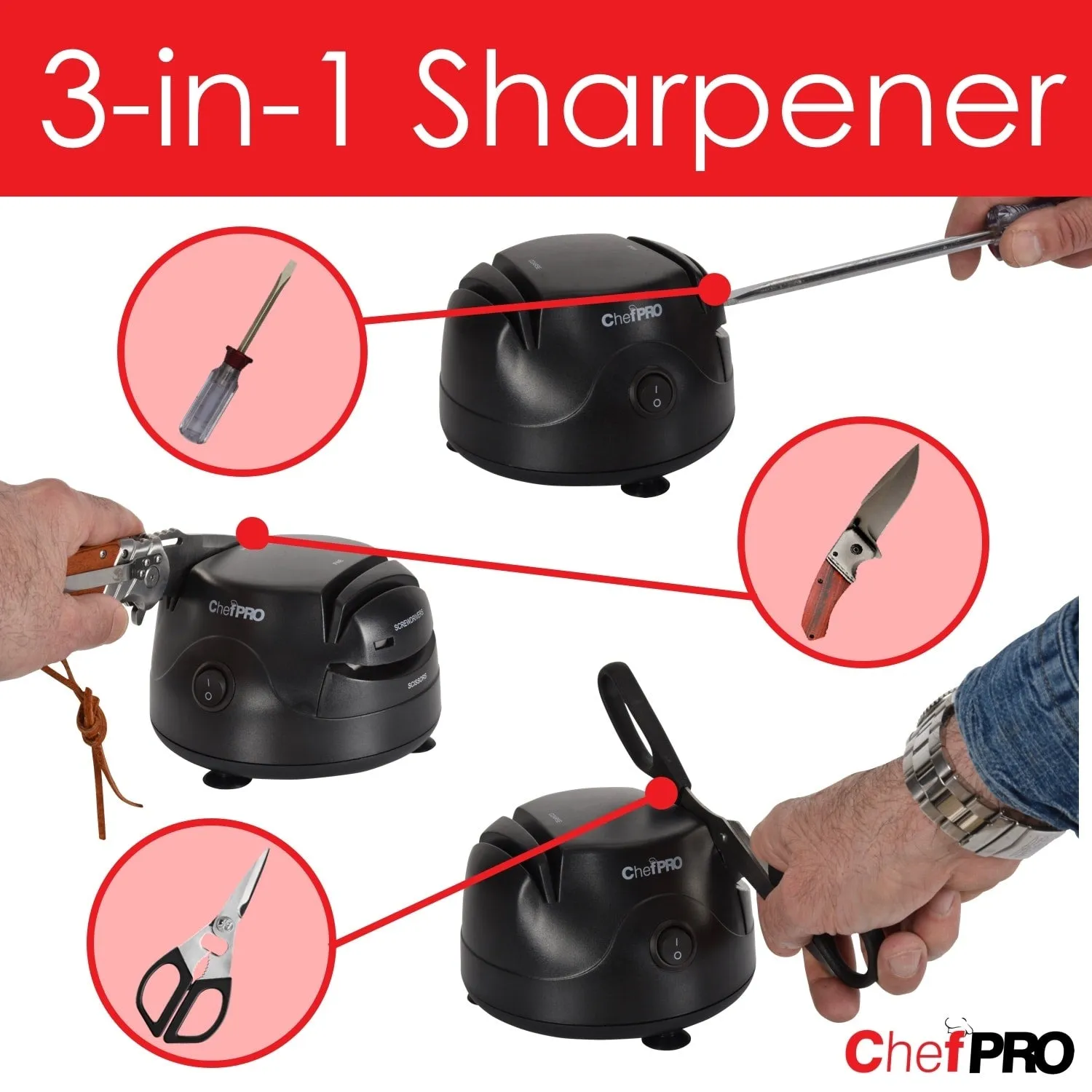 Chef PRO Compact 3-in-1 Electric Knife Sharpener System, Black