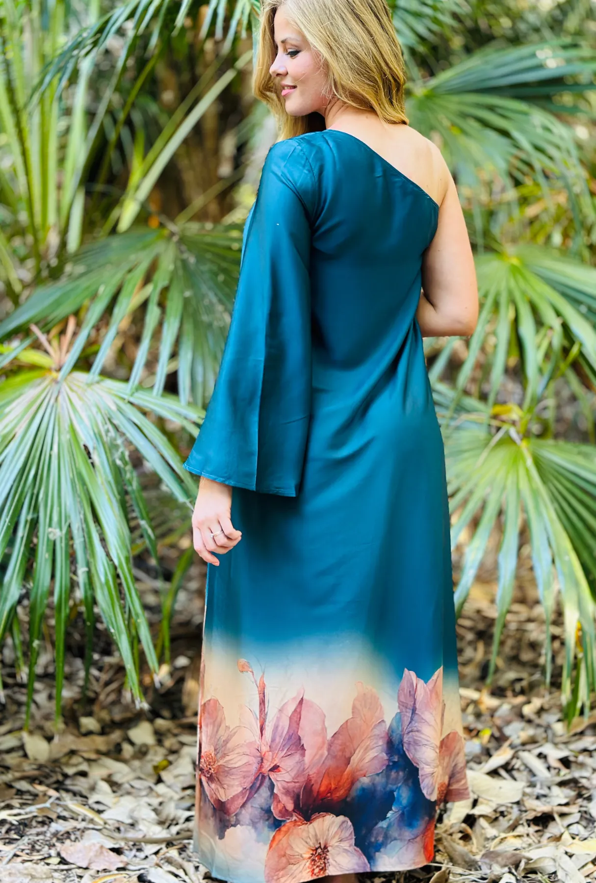 Cold Shoulder Maxi Dress - Teal Bloom
