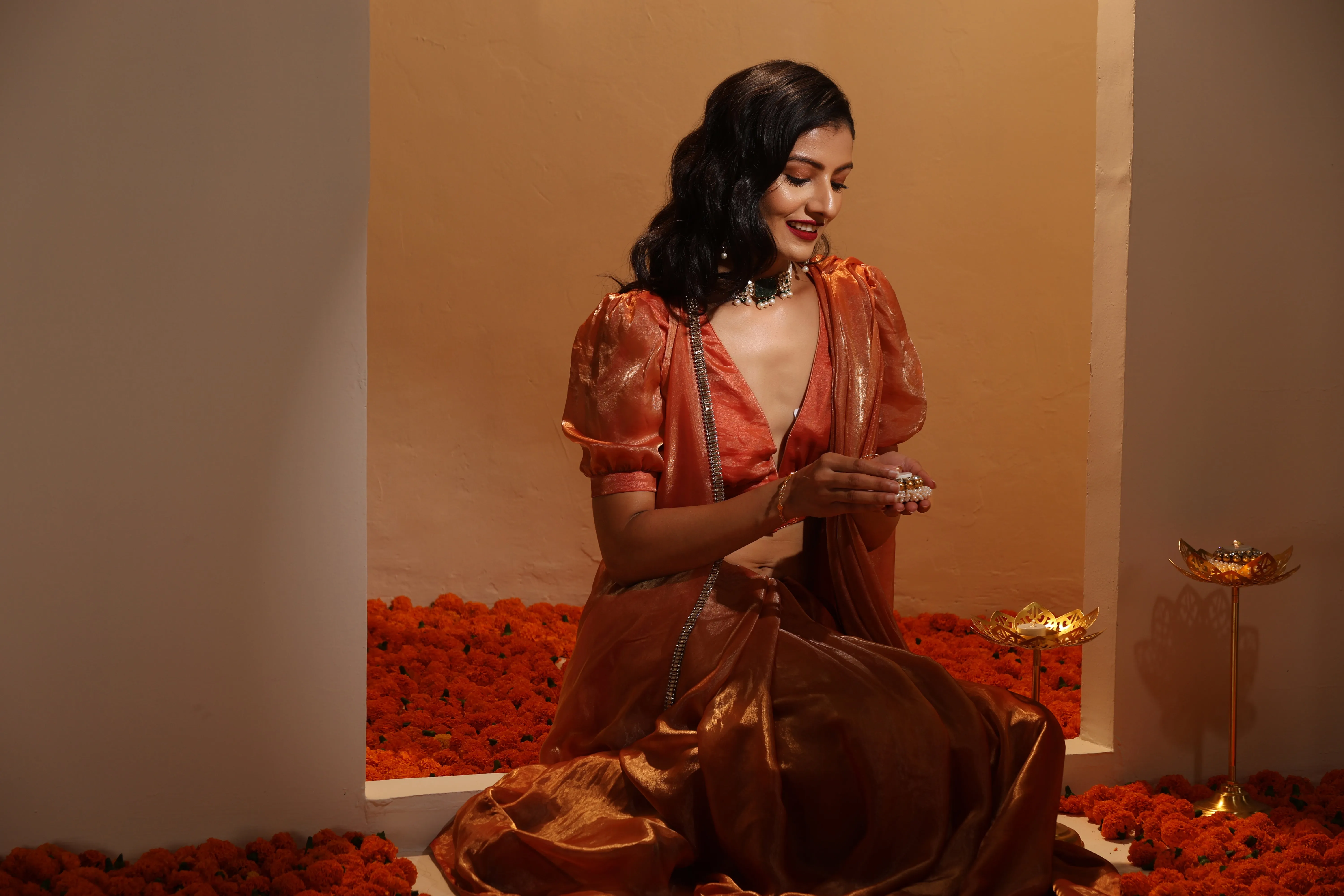Copper Age Metallic Satin Saree with Blouse Fabric