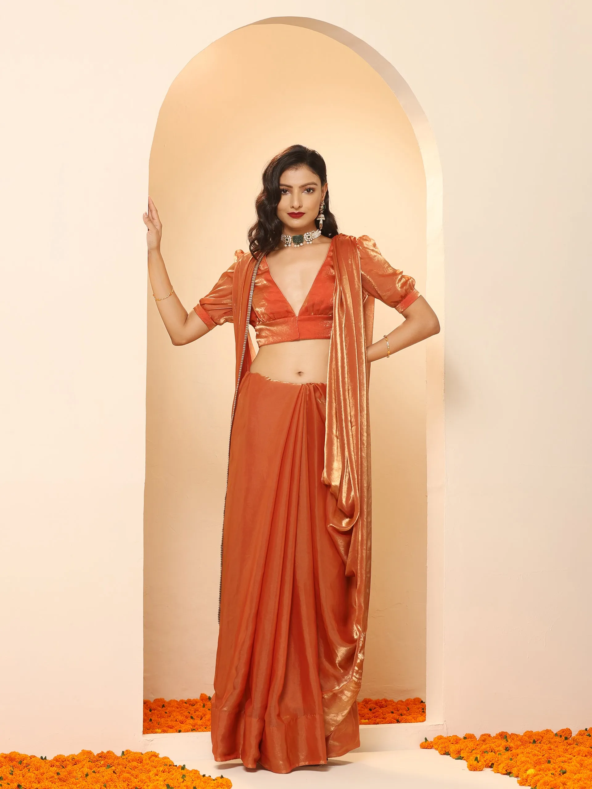 Copper Age Metallic Satin Saree with Blouse Fabric