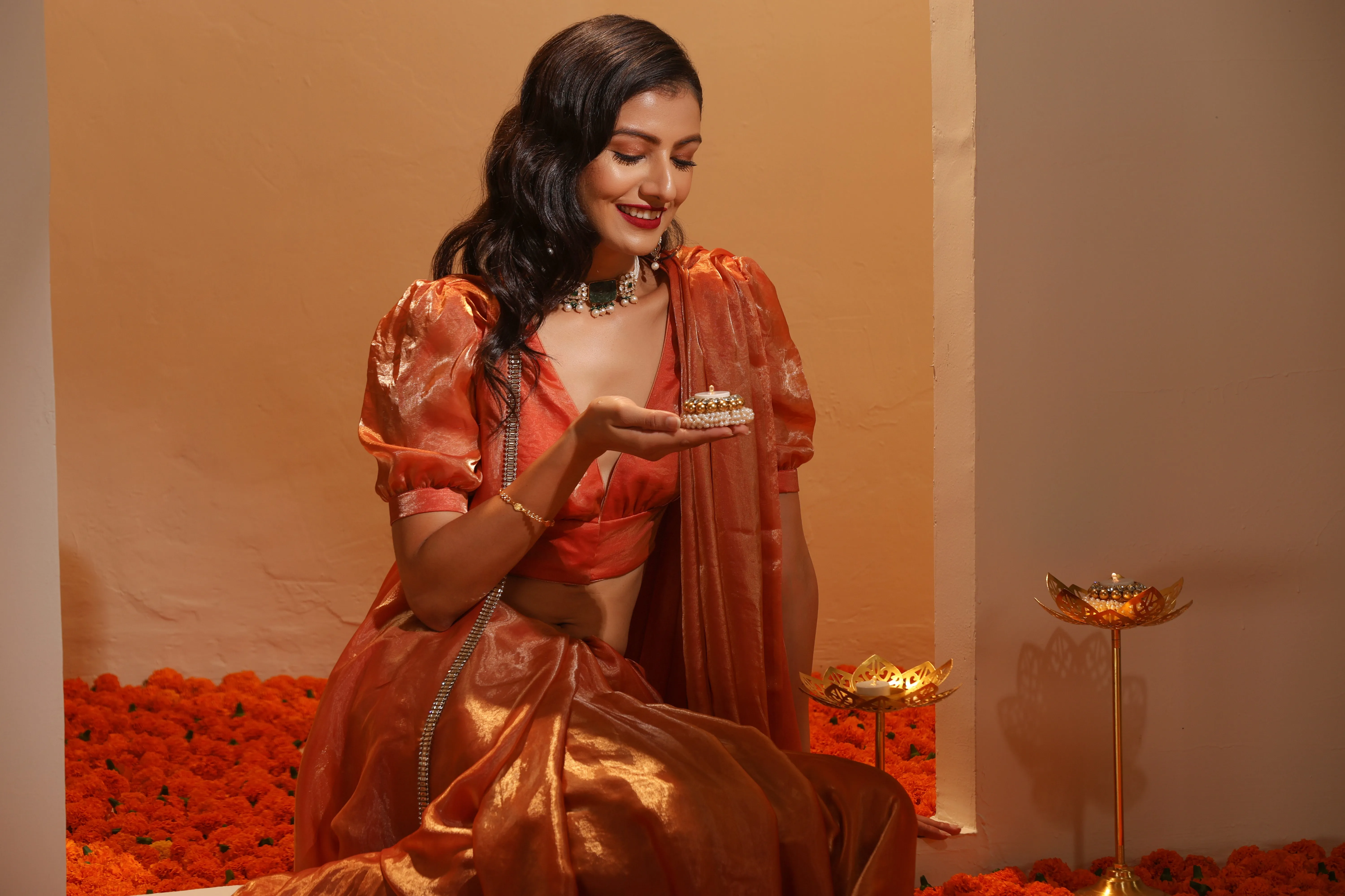 Copper Age Metallic Satin Saree with Blouse Fabric
