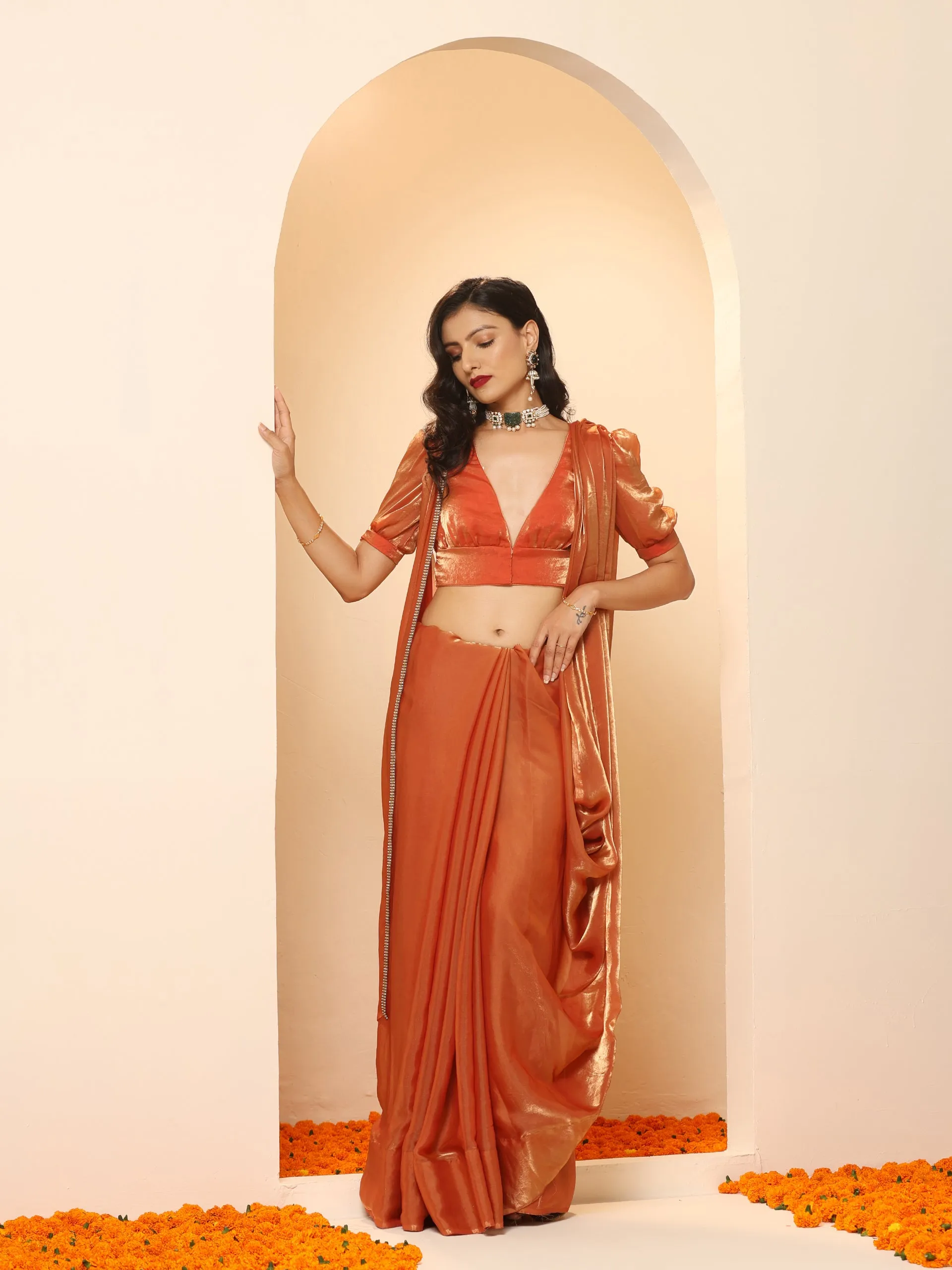 Copper Age Metallic Satin Saree with Blouse Fabric