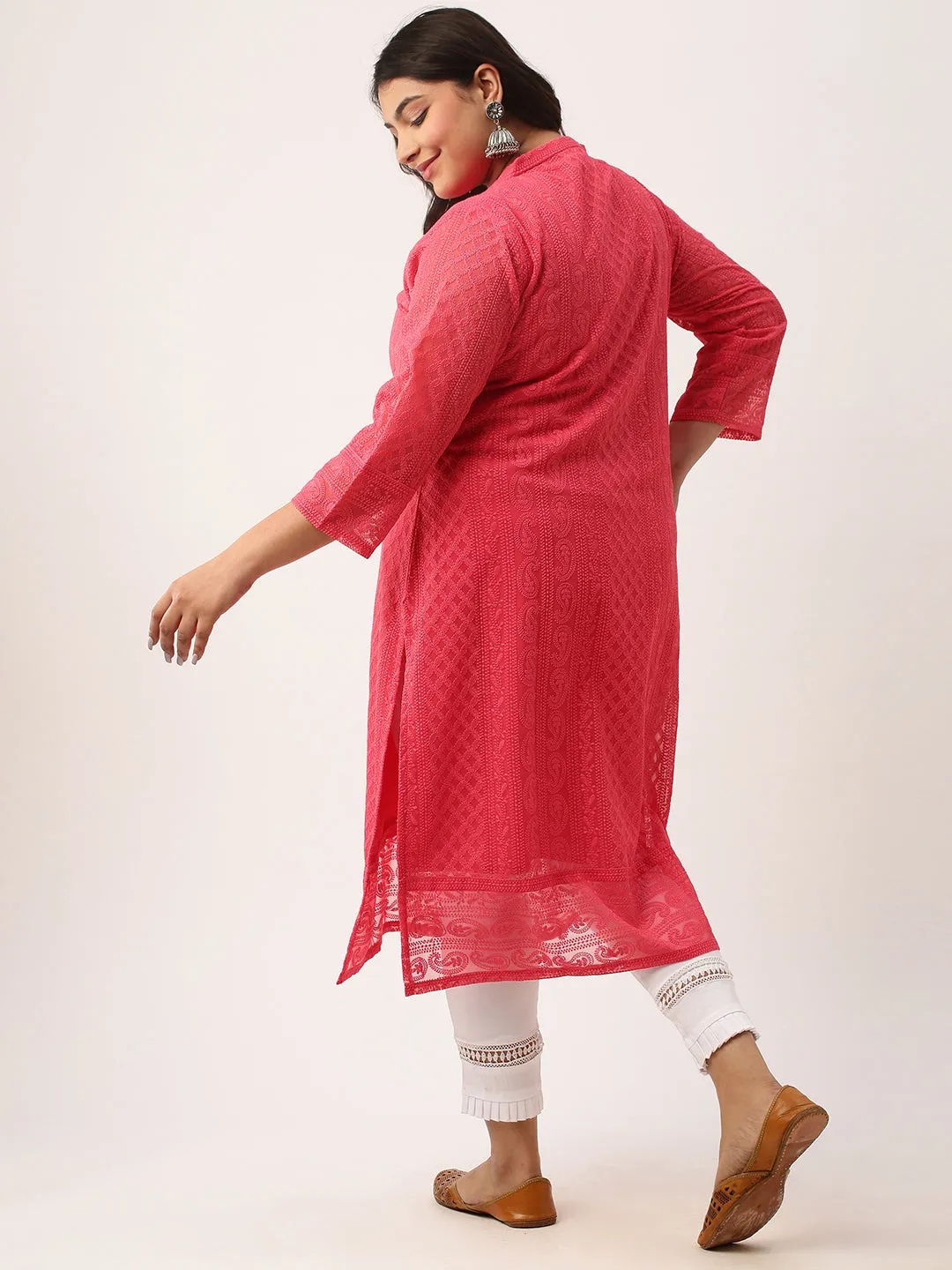Coral Paisley Embroidered Georgette Lucknowi Chikankari Kurta For Women - ZOLA