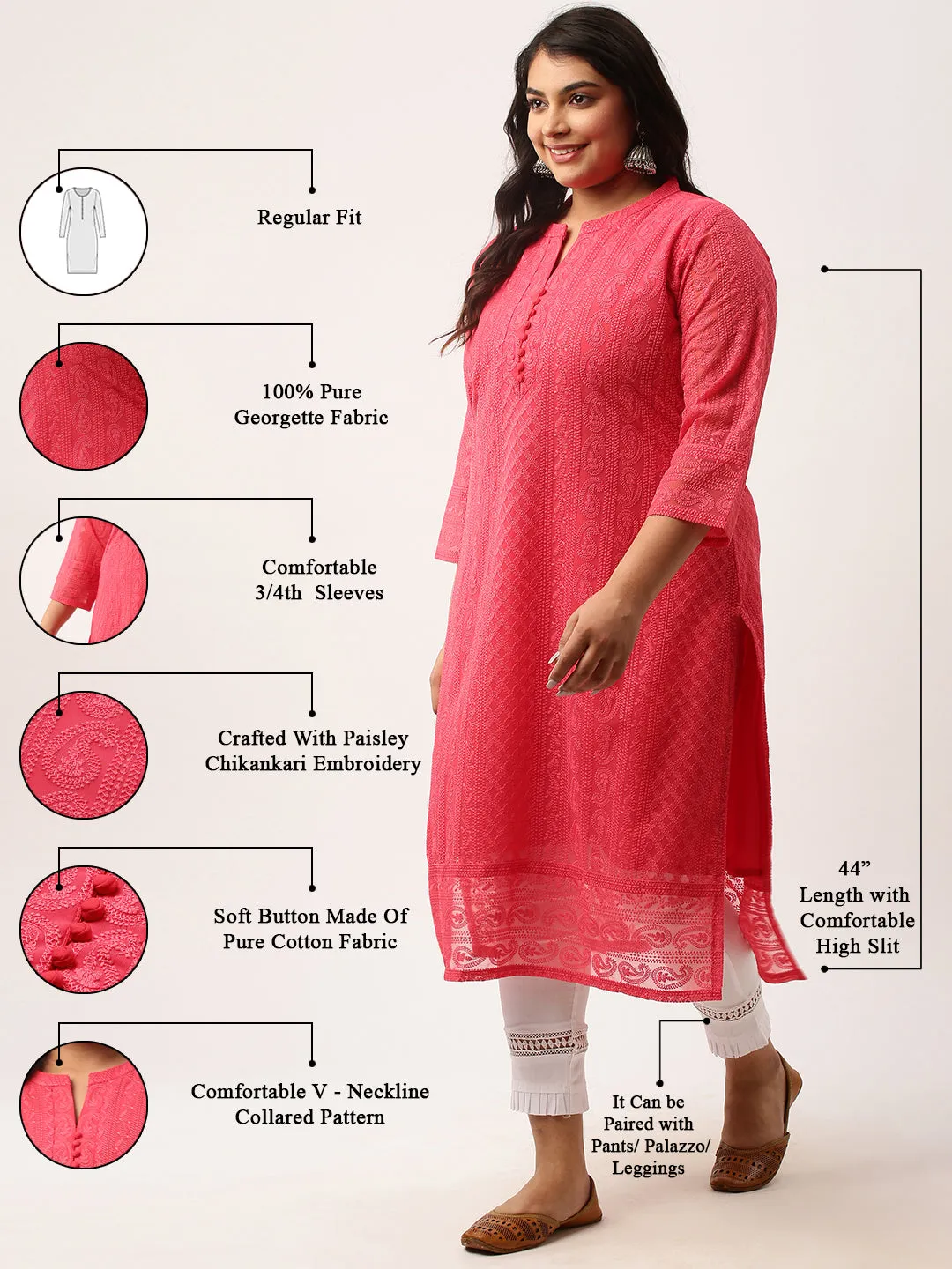 Coral Paisley Embroidered Georgette Lucknowi Chikankari Kurta For Women - ZOLA