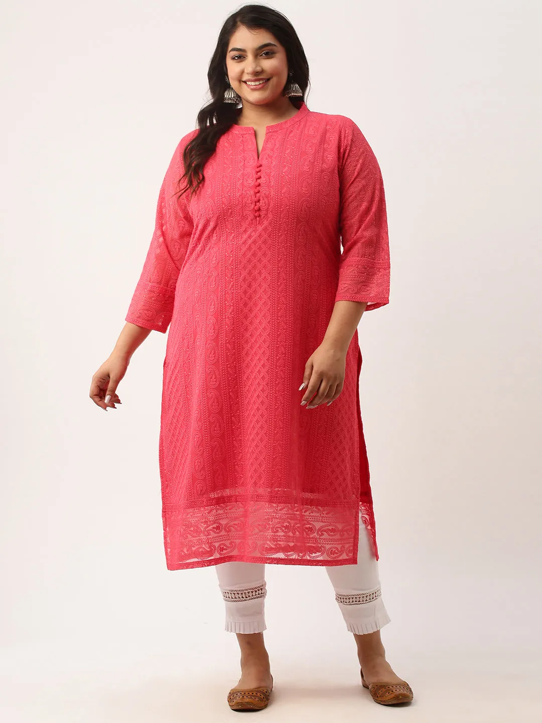 Coral Paisley Embroidered Georgette Lucknowi Chikankari Kurta For Women - ZOLA