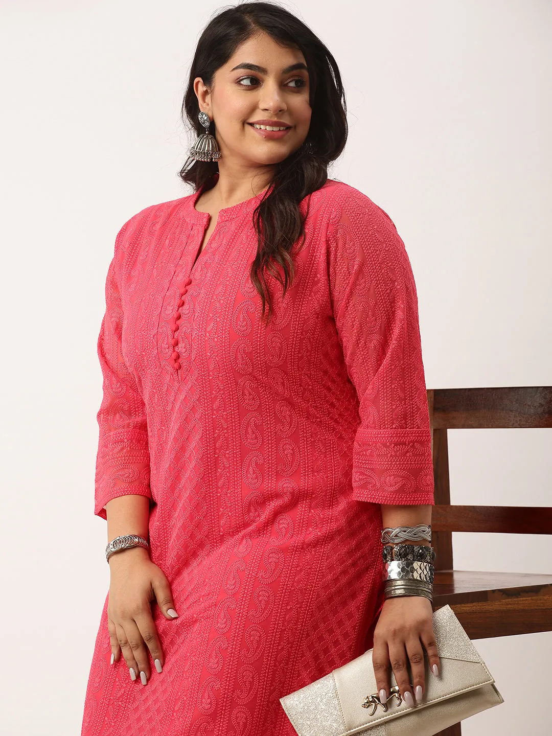 Coral Paisley Embroidered Georgette Lucknowi Chikankari Kurta For Women - ZOLA