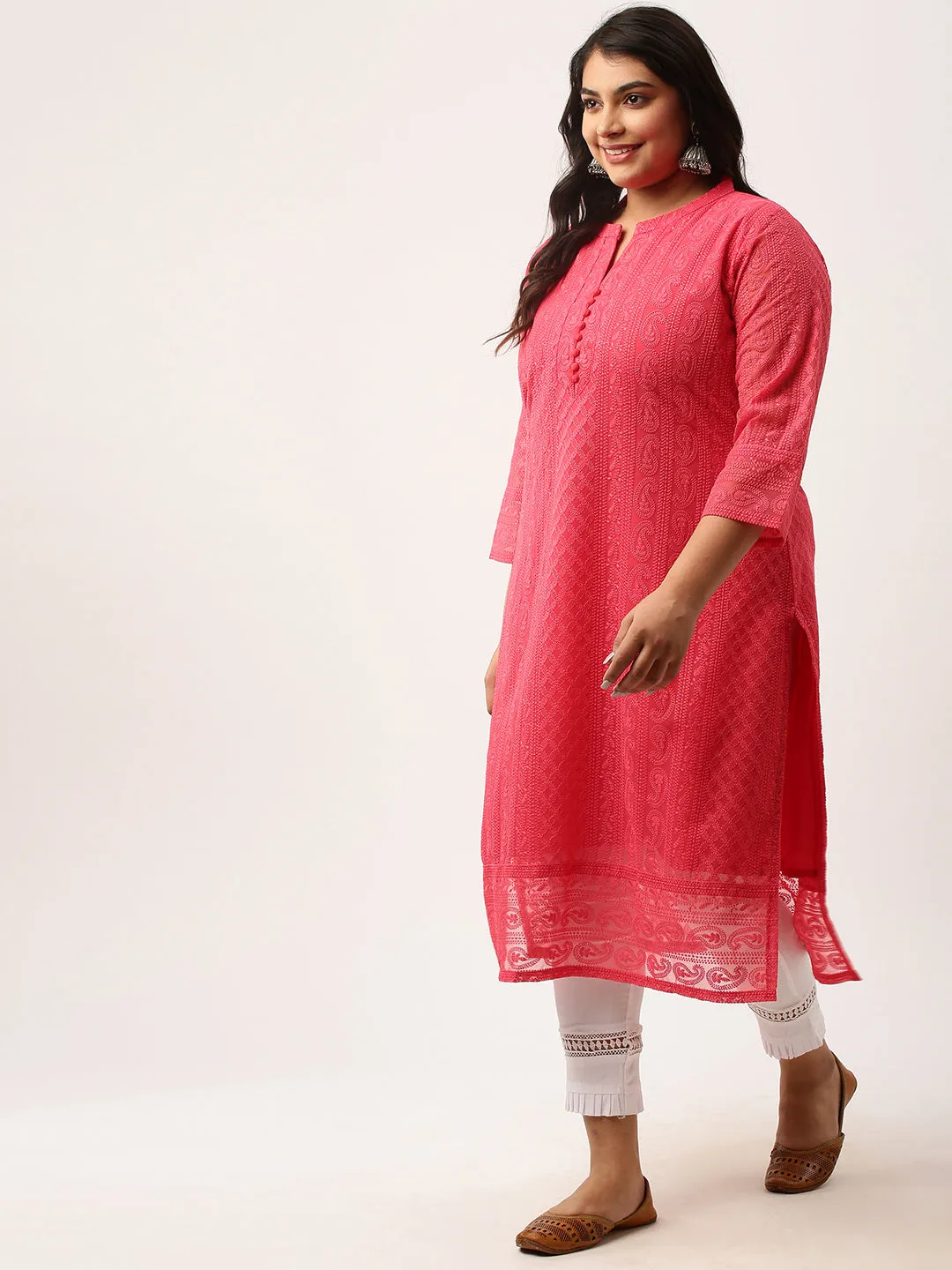 Coral Paisley Embroidered Georgette Lucknowi Chikankari Kurta For Women - ZOLA