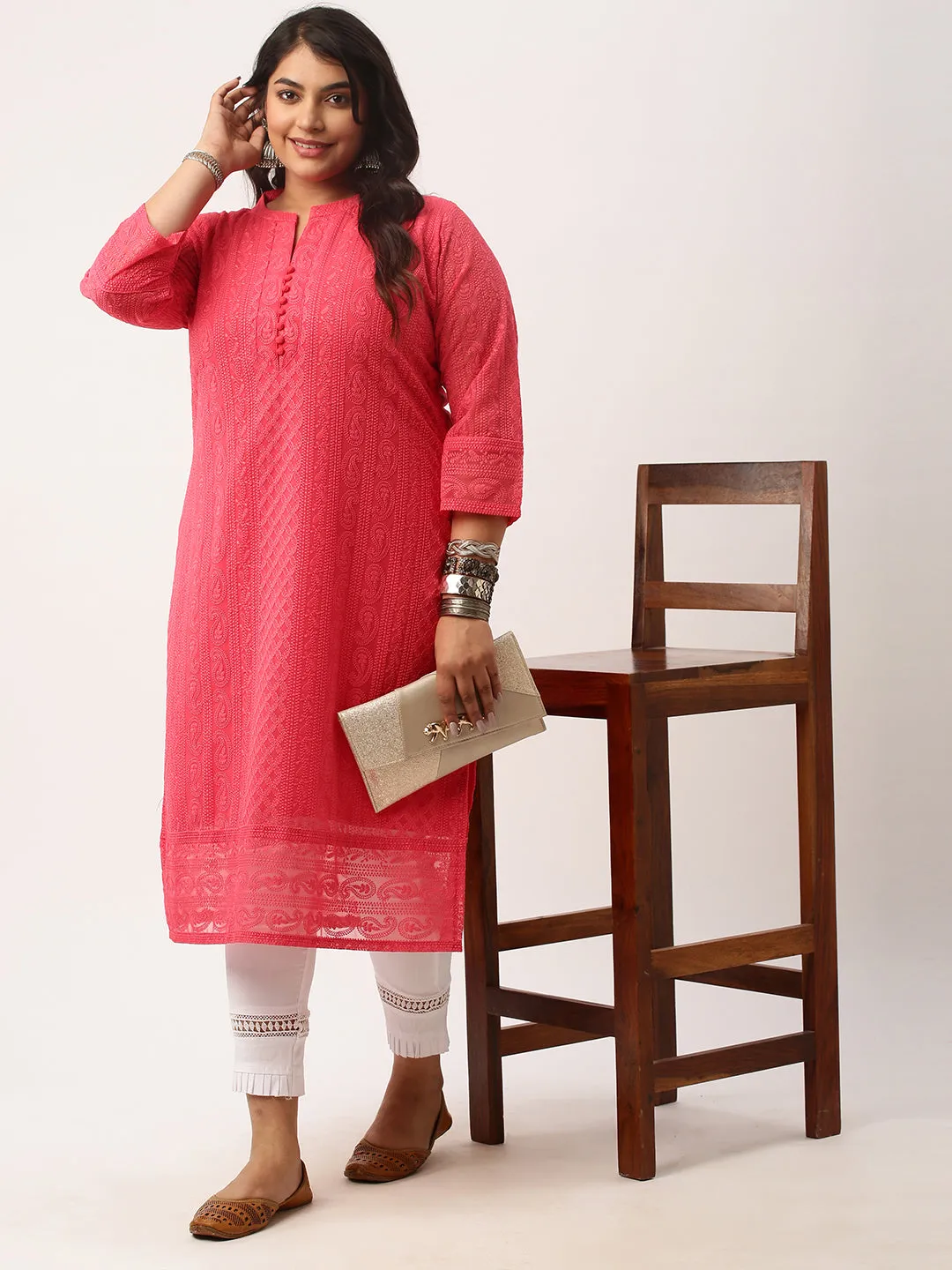 Coral Paisley Embroidered Georgette Lucknowi Chikankari Kurta For Women - ZOLA