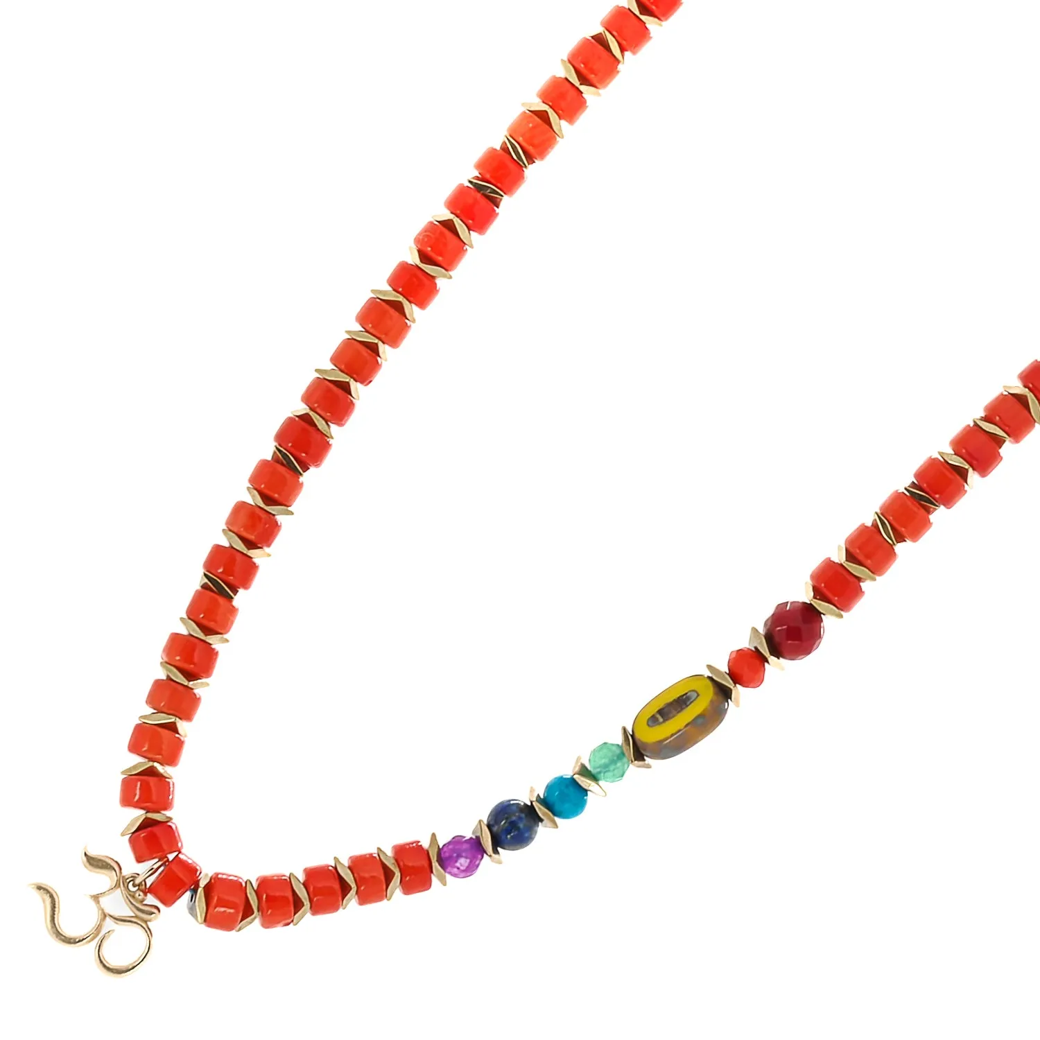 Coral Stone Chakra Colors Solid Gold Om Pendant Beaded Necklace