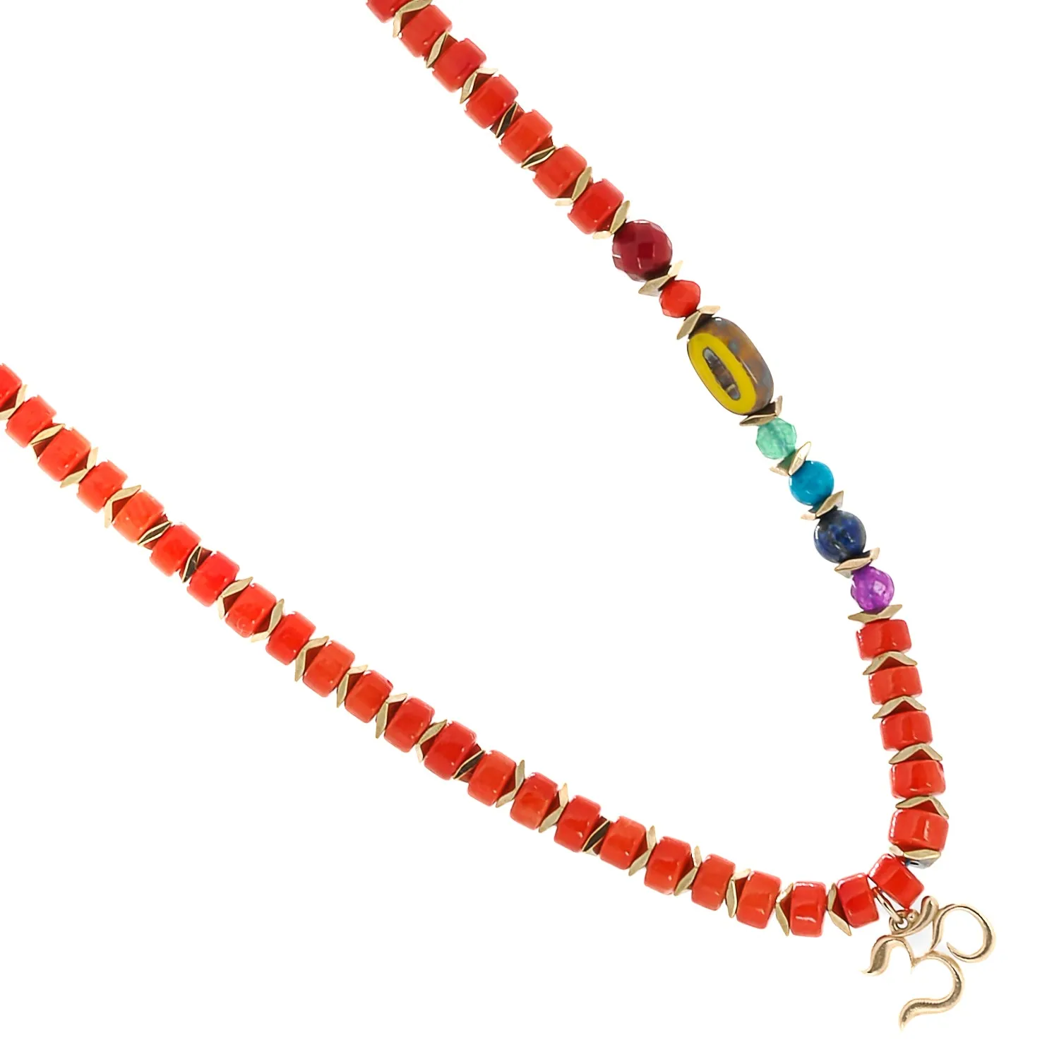 Coral Stone Chakra Colors Solid Gold Om Pendant Beaded Necklace