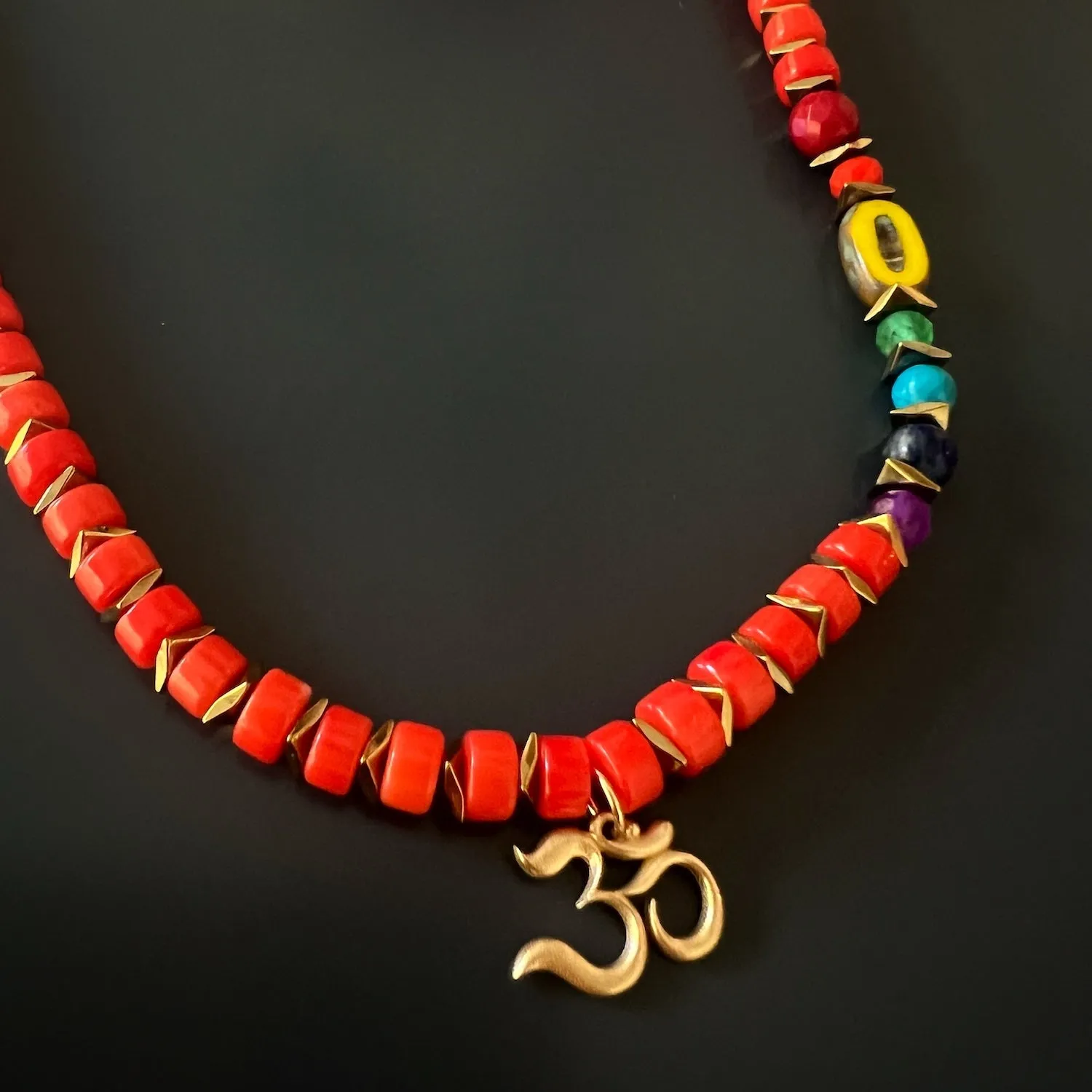 Coral Stone Chakra Colors Solid Gold Om Pendant Beaded Necklace