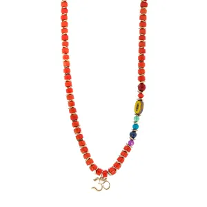 Coral Stone Chakra Colors Solid Gold Om Pendant Beaded Necklace