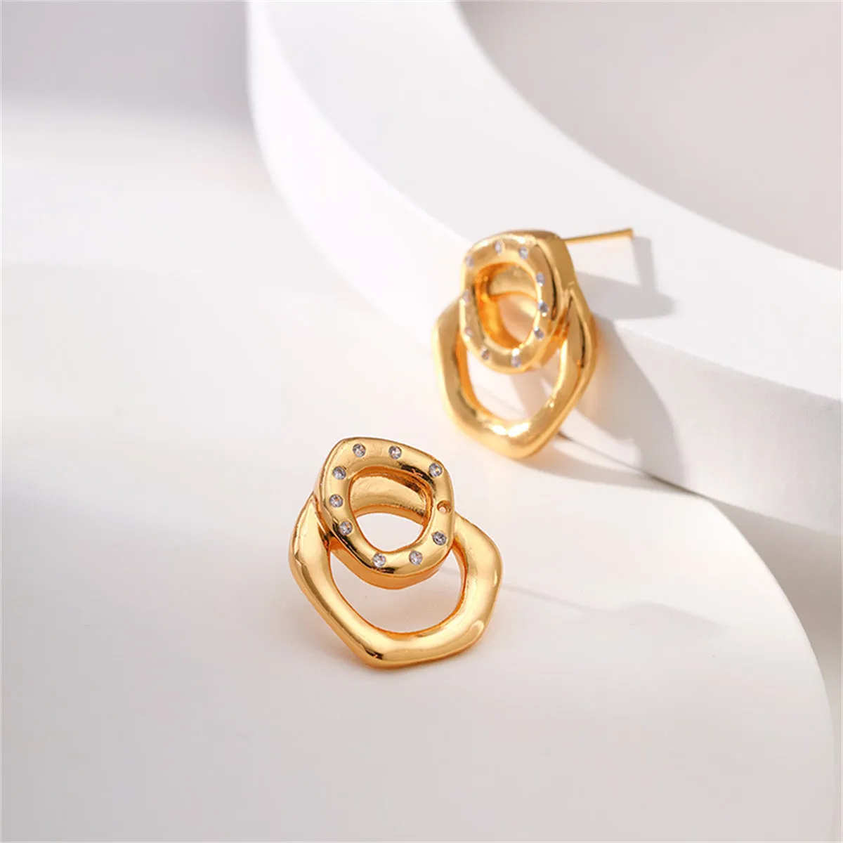 Cubic Zirconia & 18K Gold-Plated Geometric Stack Stud Earrings