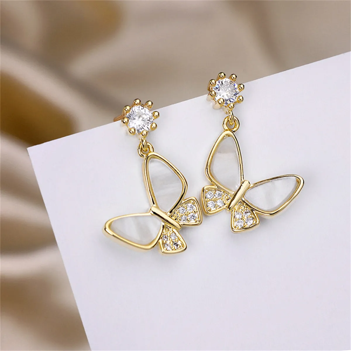Cubic Zirconia & 18K Gold-Plated Shell-Accent Butterfly Drop Earrings