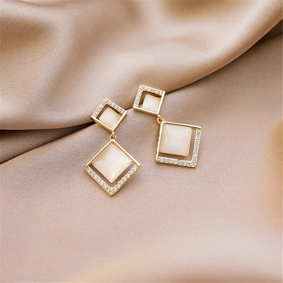 Cubic Zirconia & Cat's Eye 18K Gold-Plated Rhombus Drop Earrings