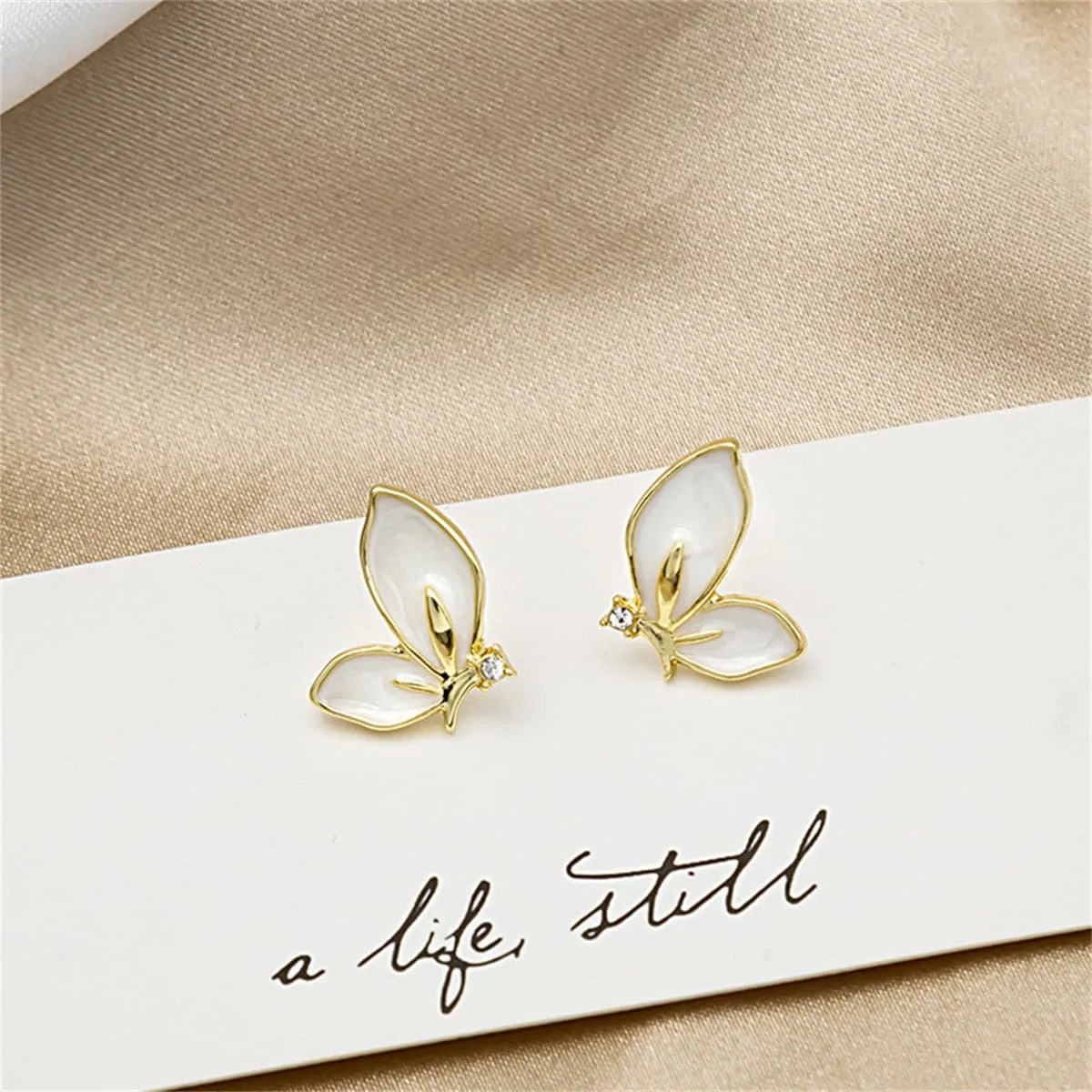 Cubic Zirconia & Enamel 18K Gold-Plated Butterfly Stud Earrings
