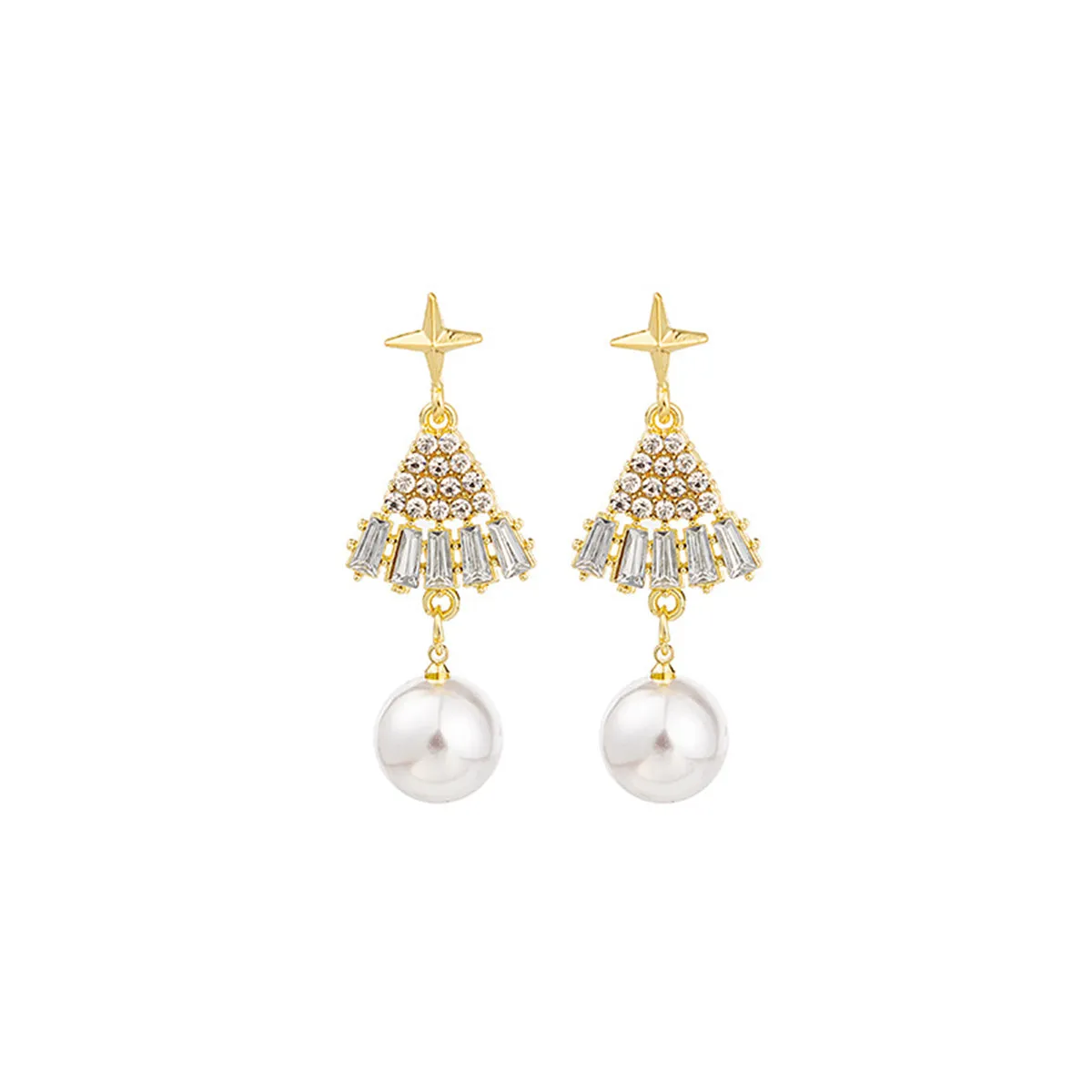Cubic Zirconia & Pearl 18K Gold-Plated Holiday Tree Drop Earrings
