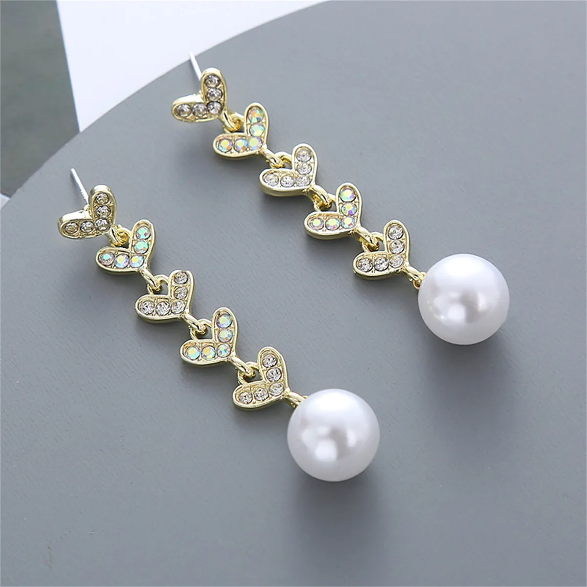 Cubic Zirconia & Pearl 18K Gold-Plated Linked Heart Drop Earrings