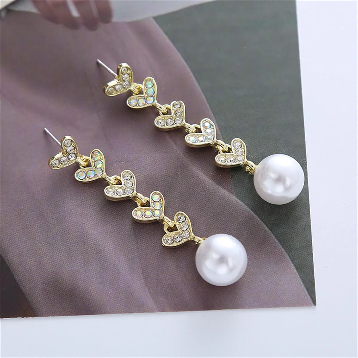 Cubic Zirconia & Pearl 18K Gold-Plated Linked Heart Drop Earrings