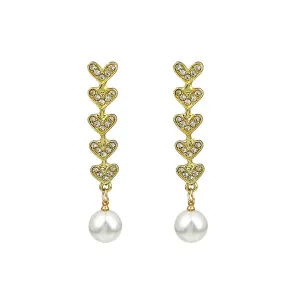 Cubic Zirconia & Pearl 18K Gold-Plated Linked Heart Drop Earrings