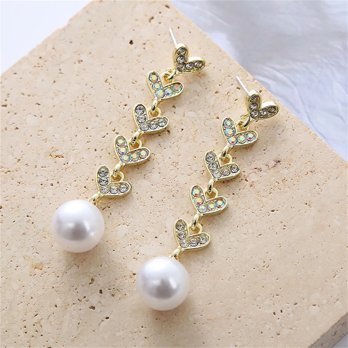 Cubic Zirconia & Pearl 18K Gold-Plated Linked Heart Drop Earrings
