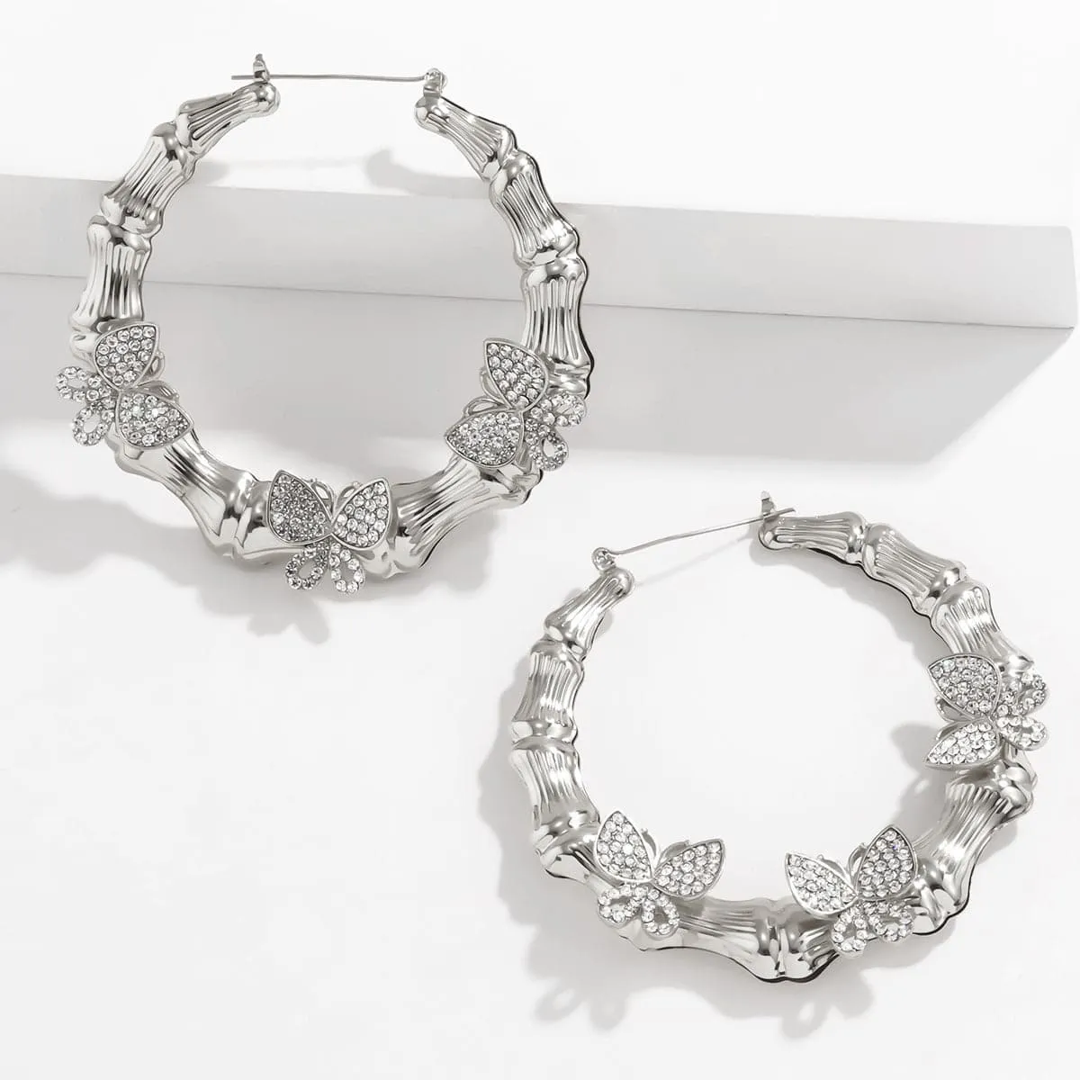 Cubic Zirconia & Silver-Plated Butterfly Bamboo Hoop Earrings