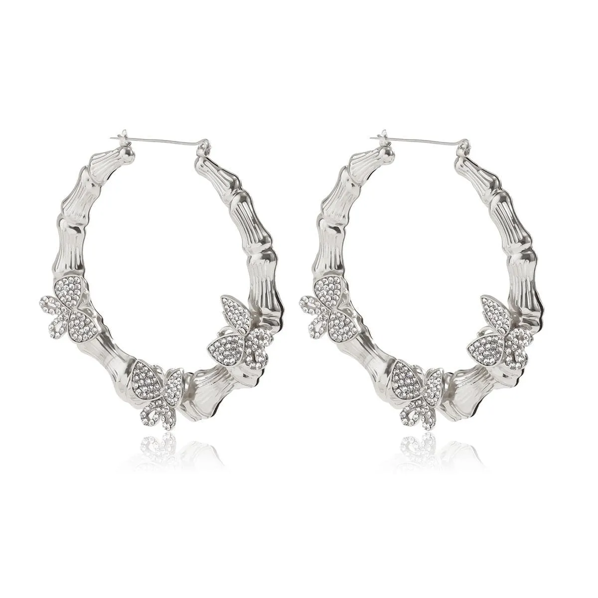 Cubic Zirconia & Silver-Plated Butterfly Bamboo Hoop Earrings