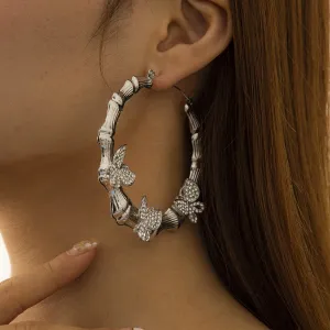 Cubic Zirconia & Silver-Plated Butterfly Bamboo Hoop Earrings