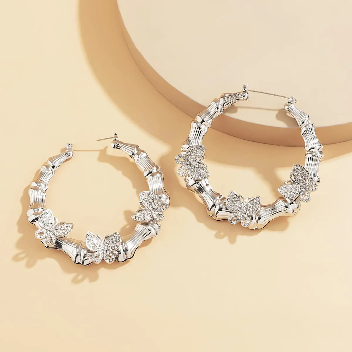 Cubic Zirconia & Silver-Plated Butterfly Bamboo Hoop Earrings