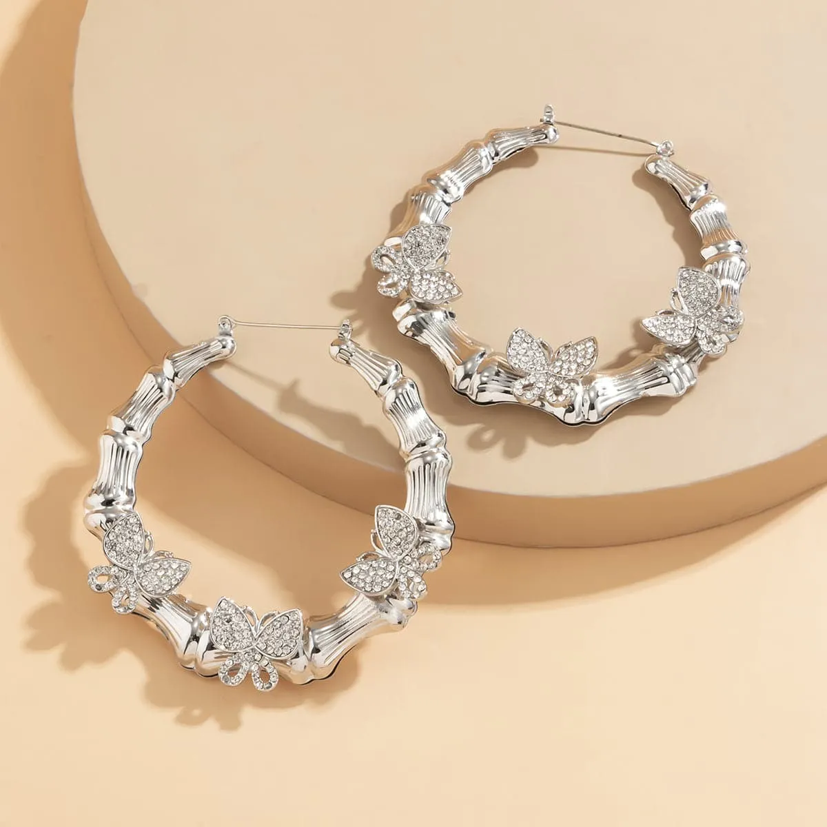 Cubic Zirconia & Silver-Plated Butterfly Bamboo Hoop Earrings