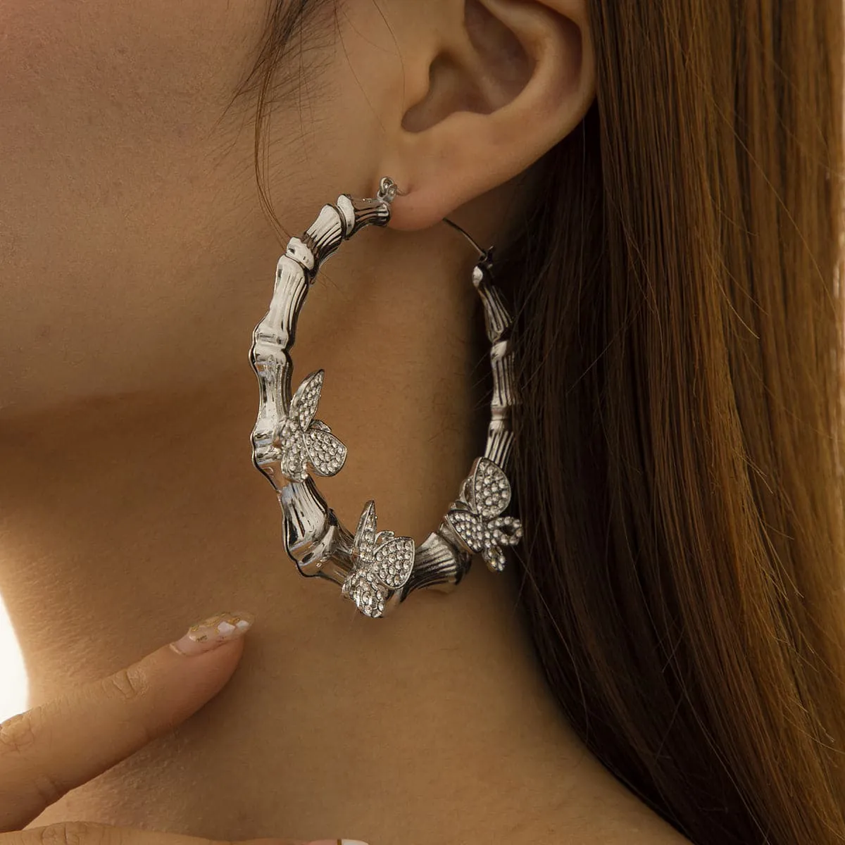 Cubic Zirconia & Silver-Plated Butterfly Bamboo Hoop Earrings