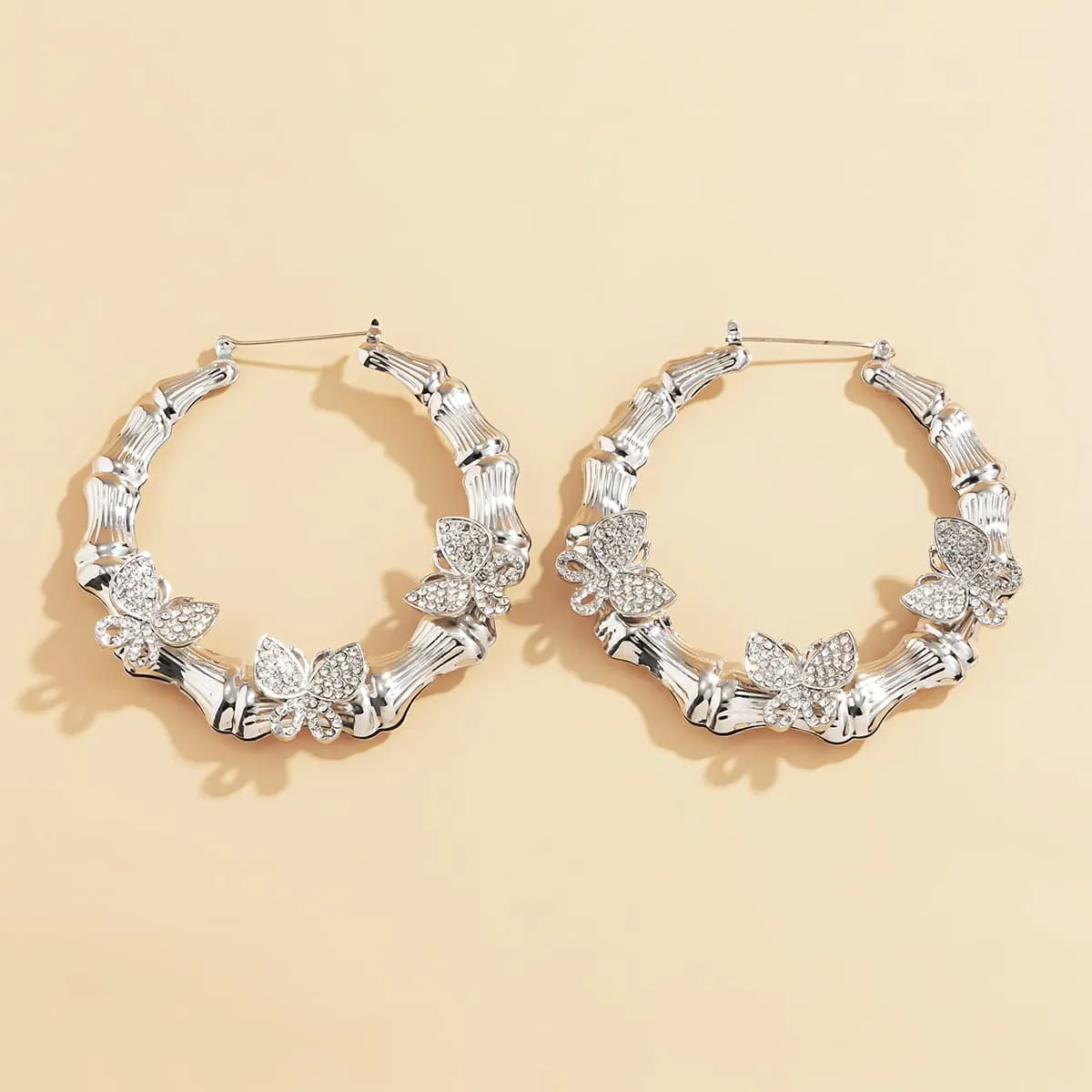 Cubic Zirconia & Silver-Plated Butterfly Bamboo Hoop Earrings