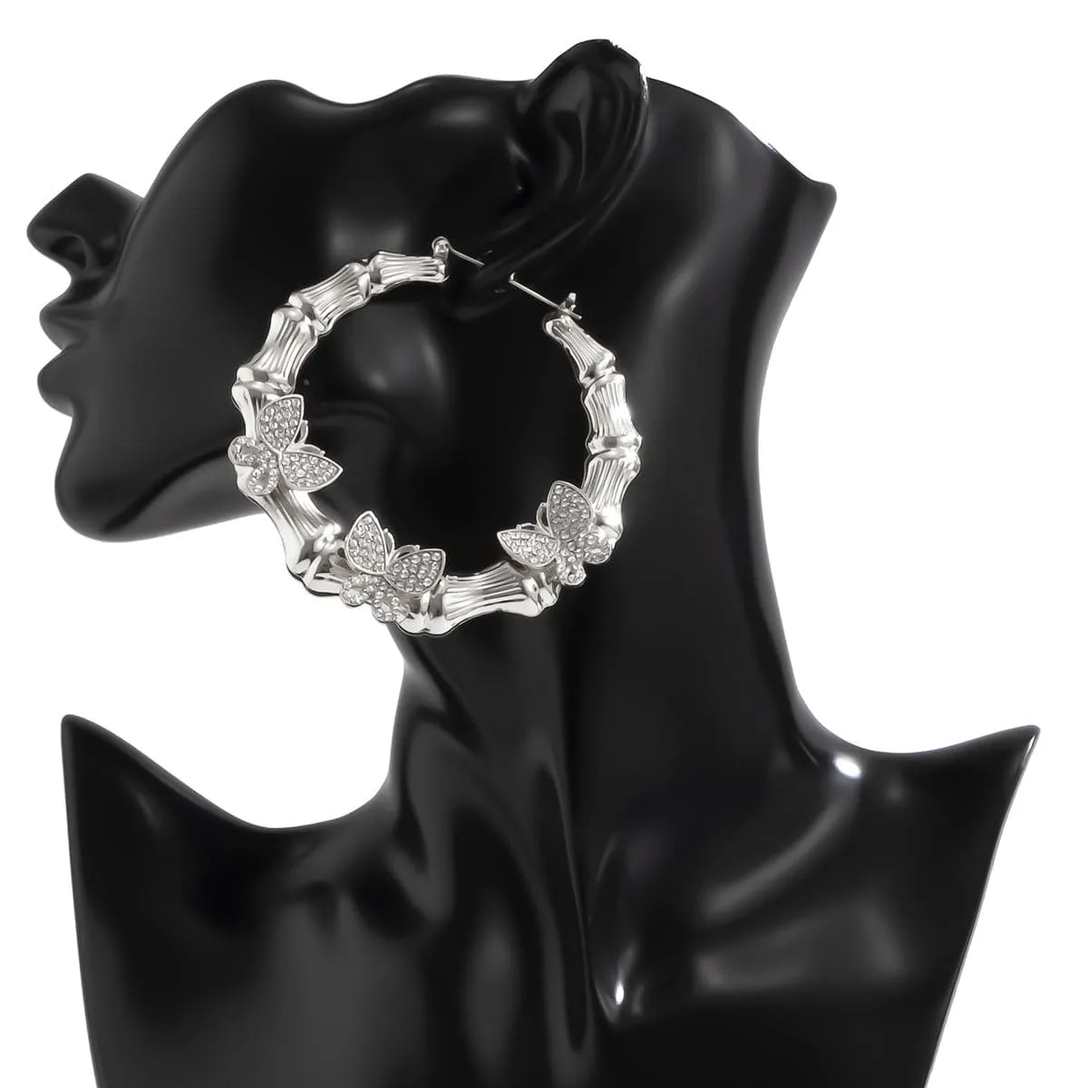 Cubic Zirconia & Silver-Plated Butterfly Bamboo Hoop Earrings