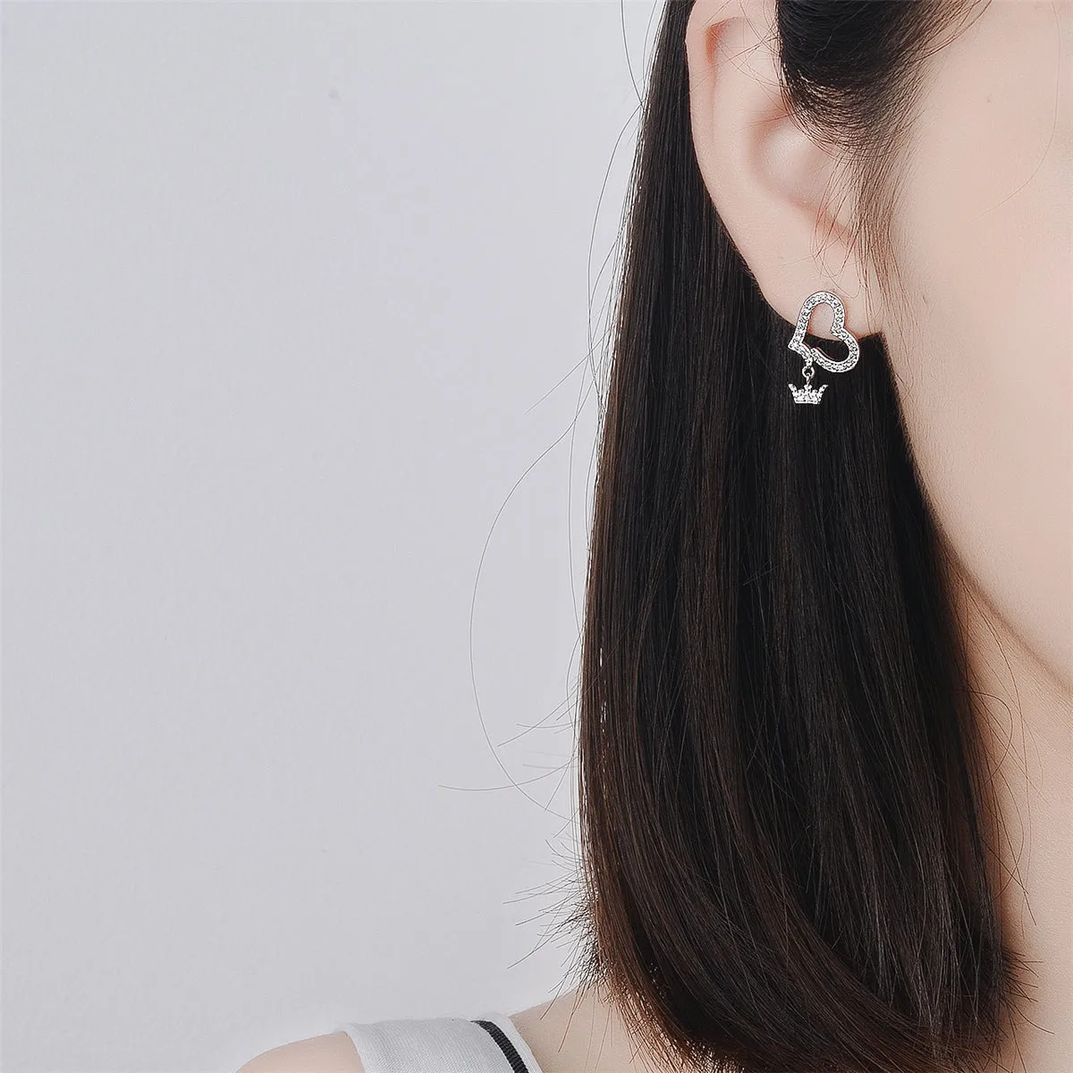 Cubic Zirconia & Silver-Plated Heart Crown-Charm Drop Earrings