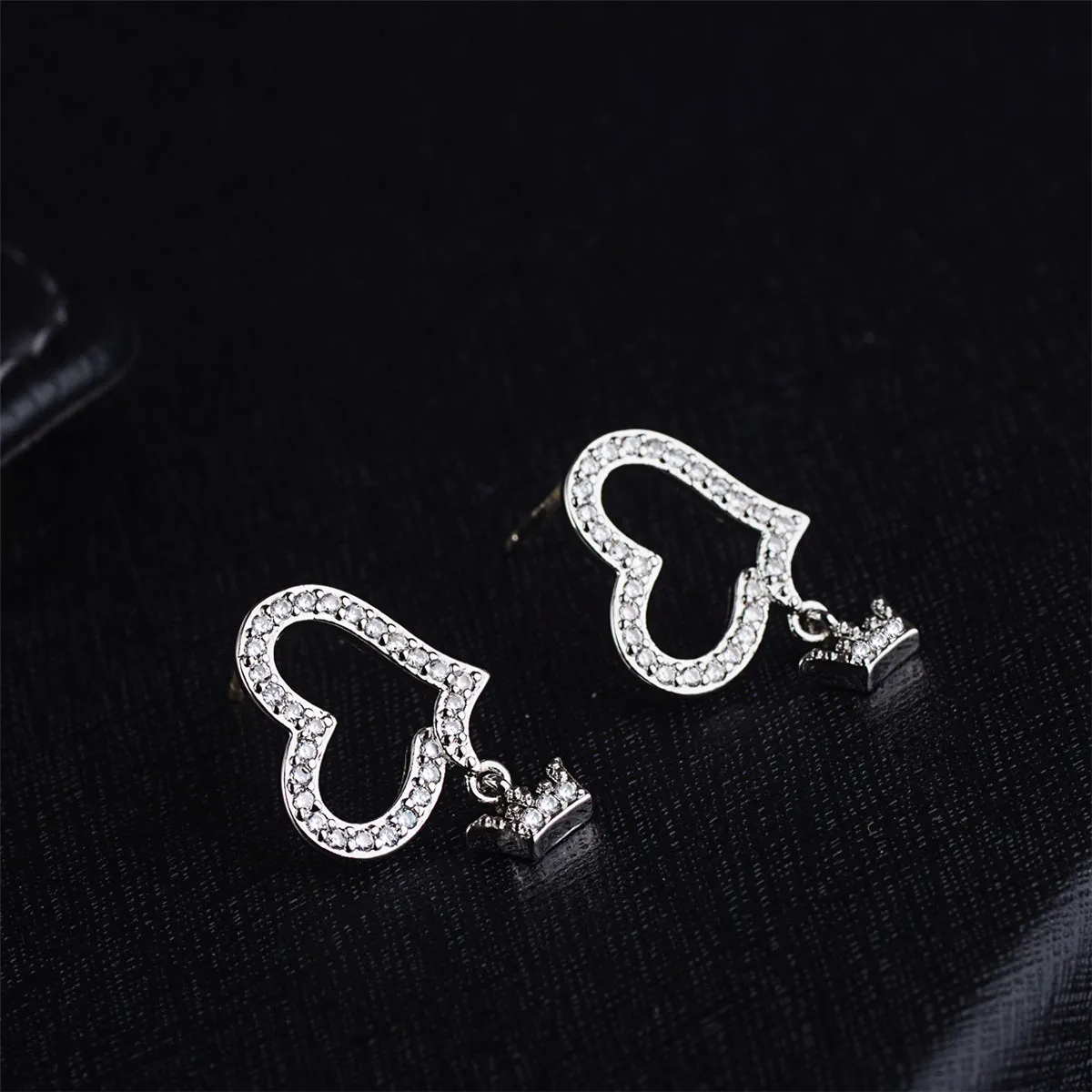 Cubic Zirconia & Silver-Plated Heart Crown-Charm Drop Earrings
