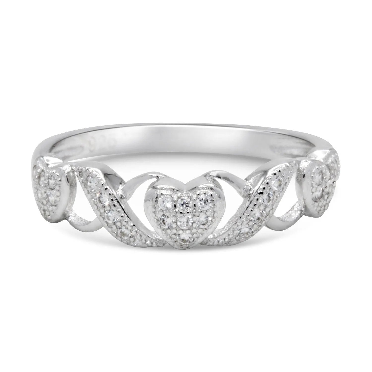 CZ 4mm Sterling Silver Plated Crossover Heart Halo Promise, Engagement Ring