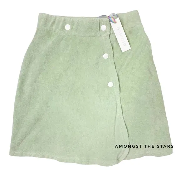 DANNIJO Green &amp; White Button Terry Cloth Wrap Mini Skirt