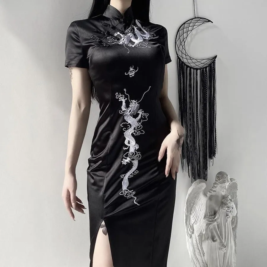 Dragon Embroidery Vintage Cheongsam Split Slim Dress J20043