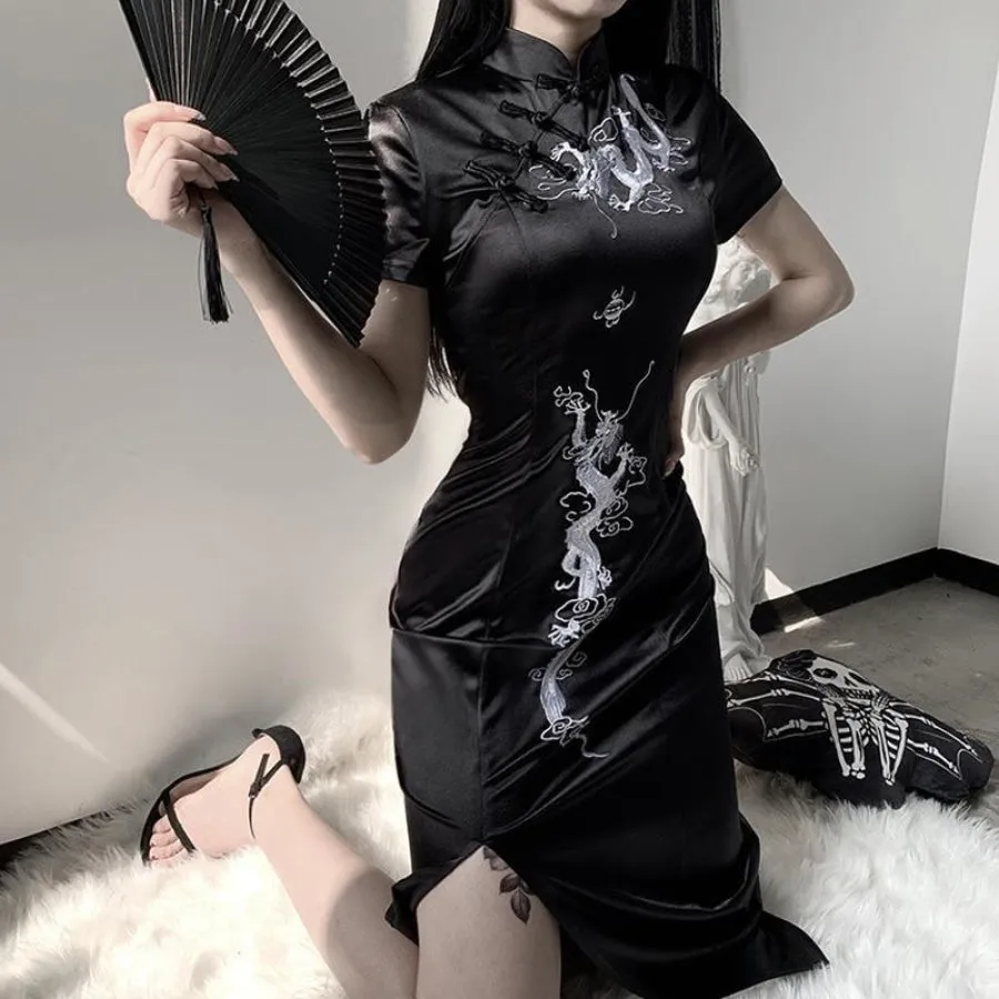 Dragon Embroidery Vintage Cheongsam Split Slim Dress J20043