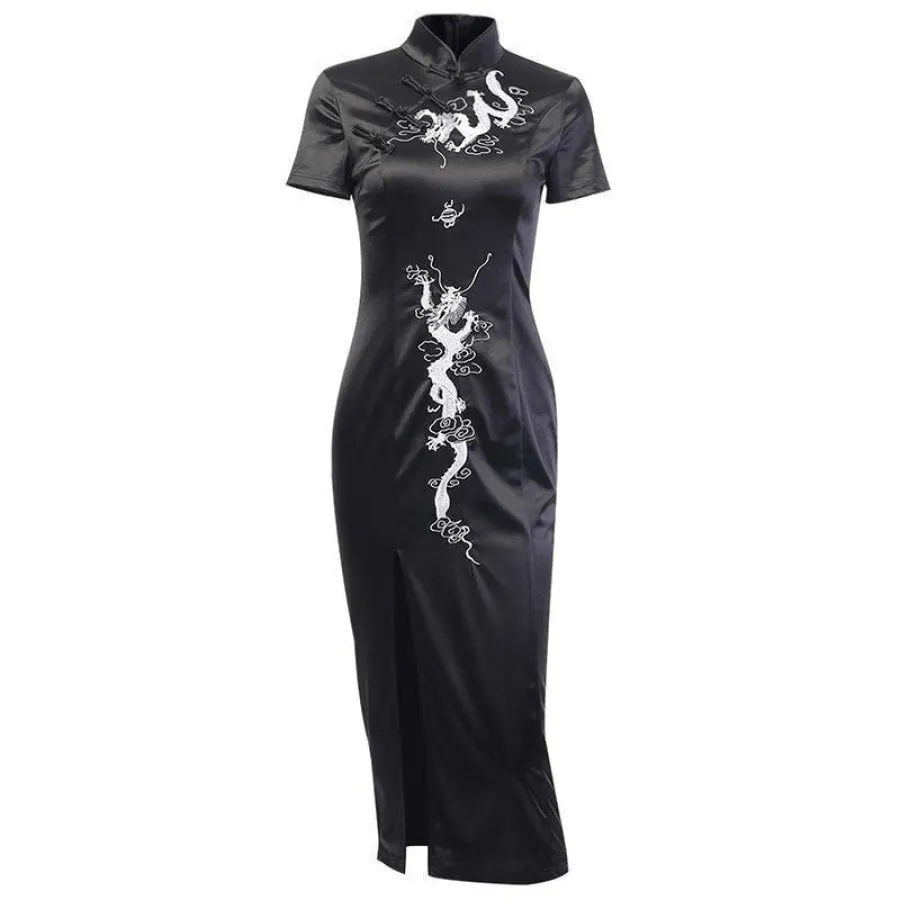 Dragon Embroidery Vintage Cheongsam Split Slim Dress J20043