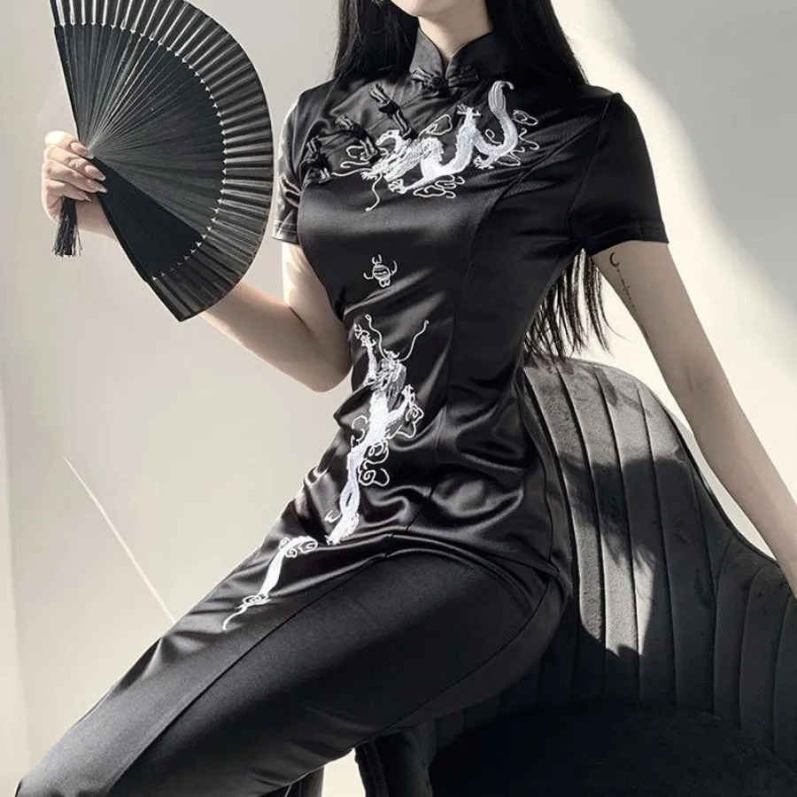 Dragon Embroidery Vintage Cheongsam Split Slim Dress J20043