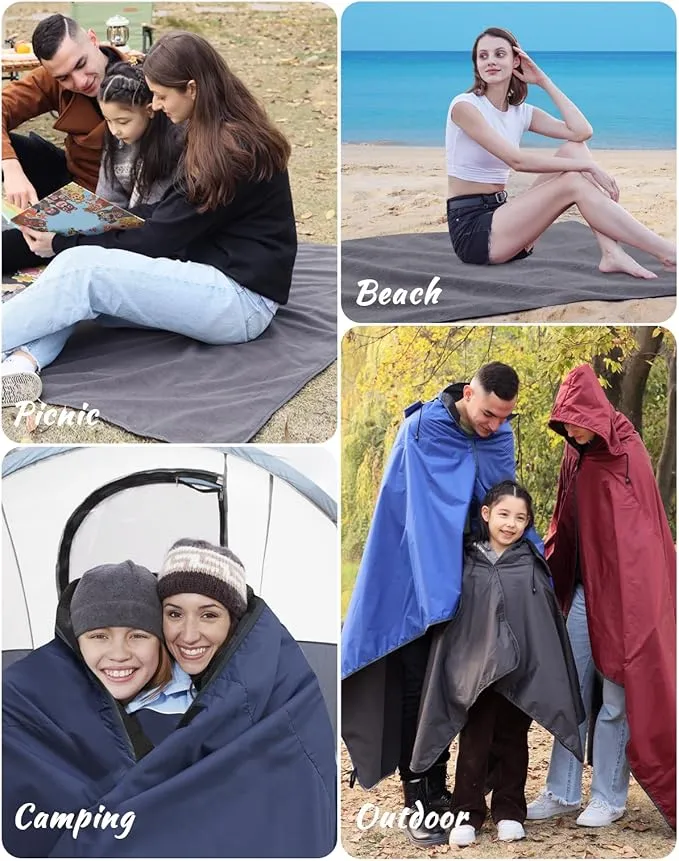 DUKUSEEK Hooded Outdoor Blanket, Extra Large (79"x 59") Waterproof Camping Blanket, Quilted Fleece, Warm, Windproof, Sand Proof, Portable and Wear-Resistant, for Sports, Picnic, Hiking, Travel…