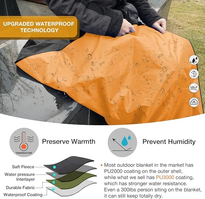 DUKUSEEK Hooded Outdoor Blanket, Extra Large (79"x 59") Waterproof Camping Blanket, Quilted Fleece, Warm, Windproof, Sand Proof, Portable and Wear-Resistant, for Sports, Picnic, Hiking, Travel…
