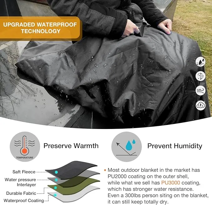 DUKUSEEK Hooded Stadium Blanket, Waterproof Windproof Outdoor Fleece Blanket - Large (79"x 59"), Portable, Wearable, Warm for Outdoor Camping, Picnic, Stadium, Sports, Beach, Concerts, Car, Dogs…